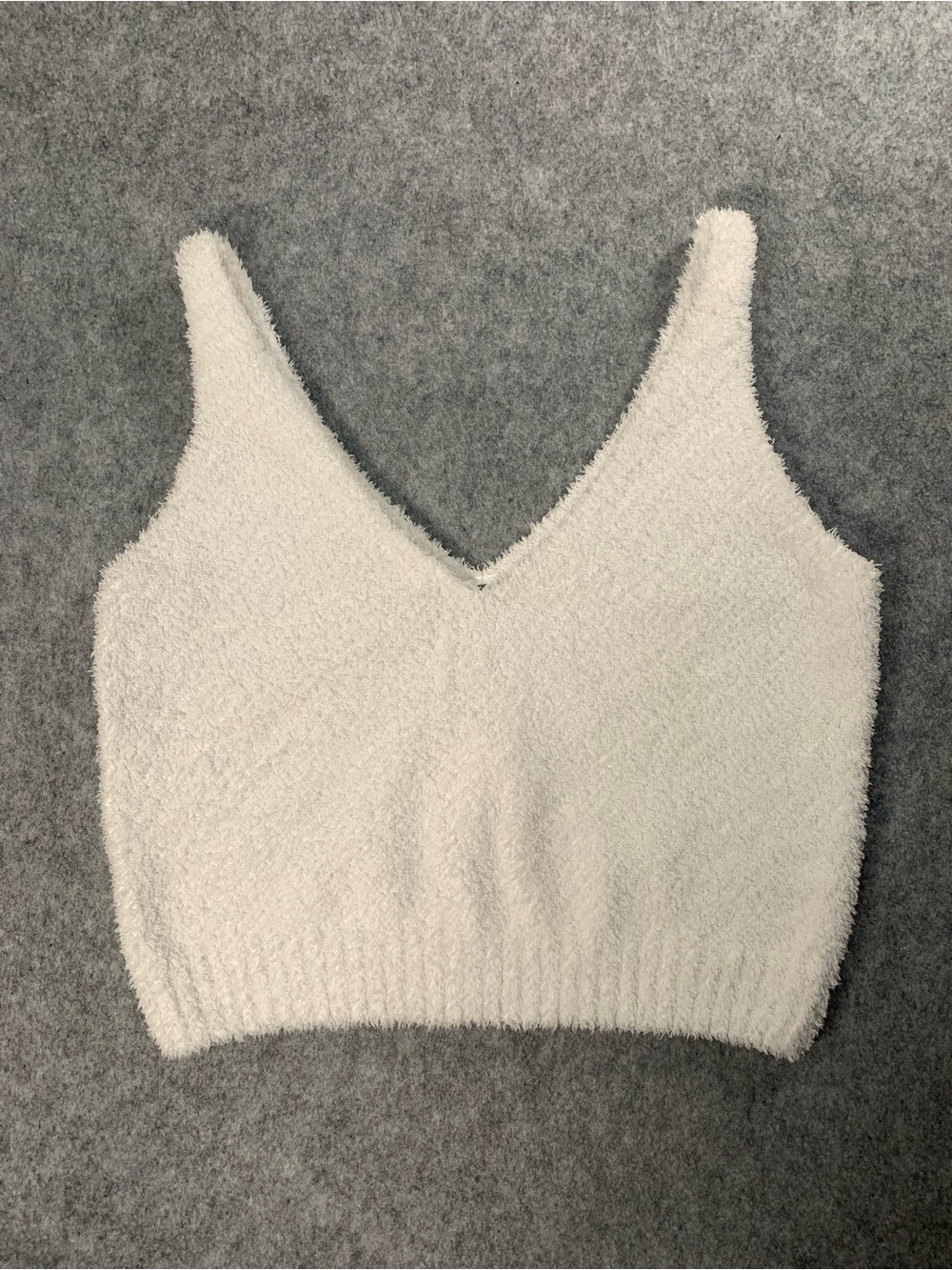 Misscosy Cozy V-Neck Fuzzy Crop Tank Top - White